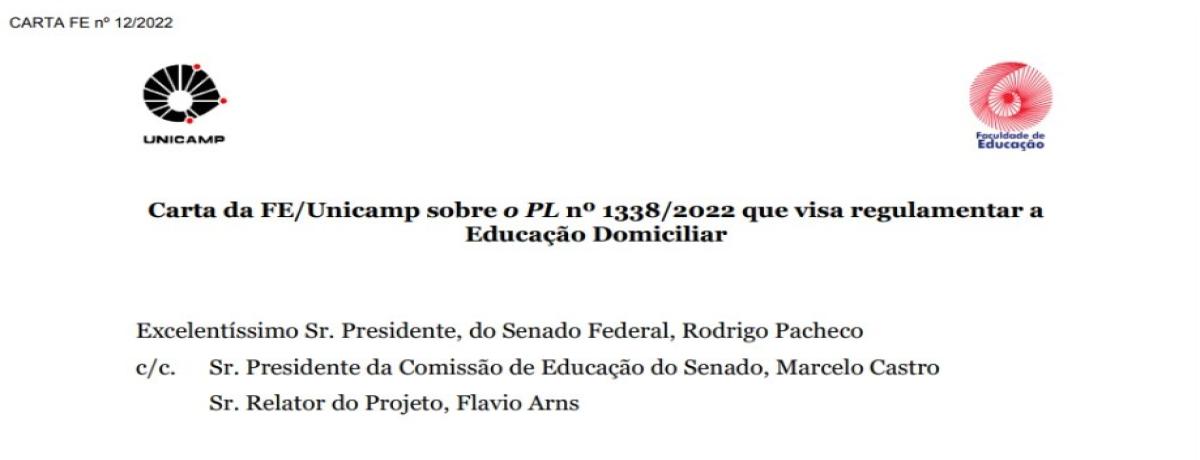 Carta da FE/Unicamp sobre o PL nº 1338/2022 que visa regulamentar a Educação Domiciliar.