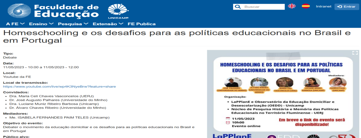 Editar Calendário de Eventos Homeschooling e os desafios para as políticas educacionais no Brasil e em Portugal