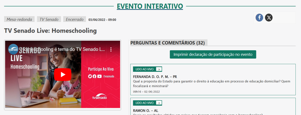 TV Senado Live: Homeschooling - Evento interativo